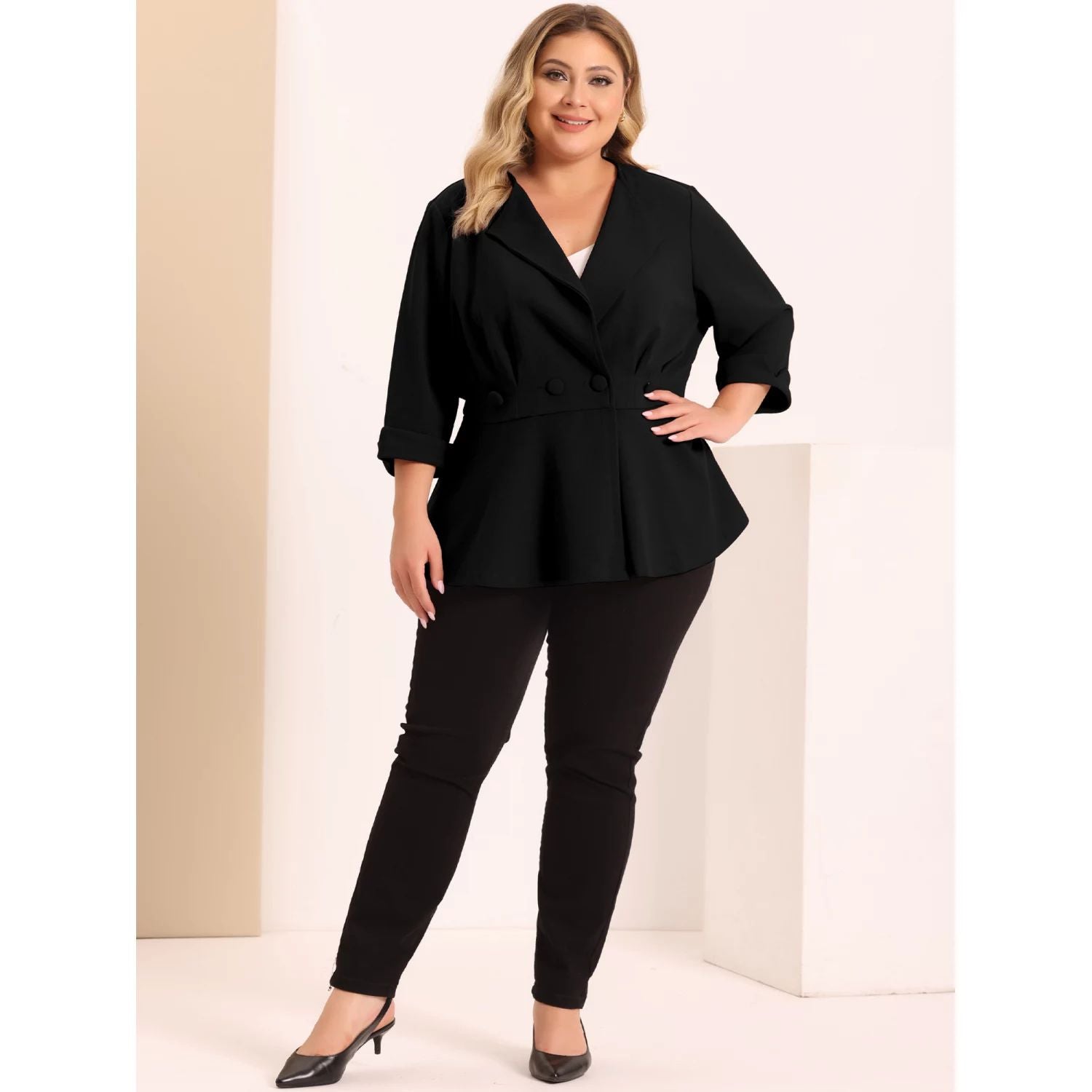 Women's Plus Size Business Blazer with Peplum and 3/4 Sleeves business jacket Agnes Orinda, black