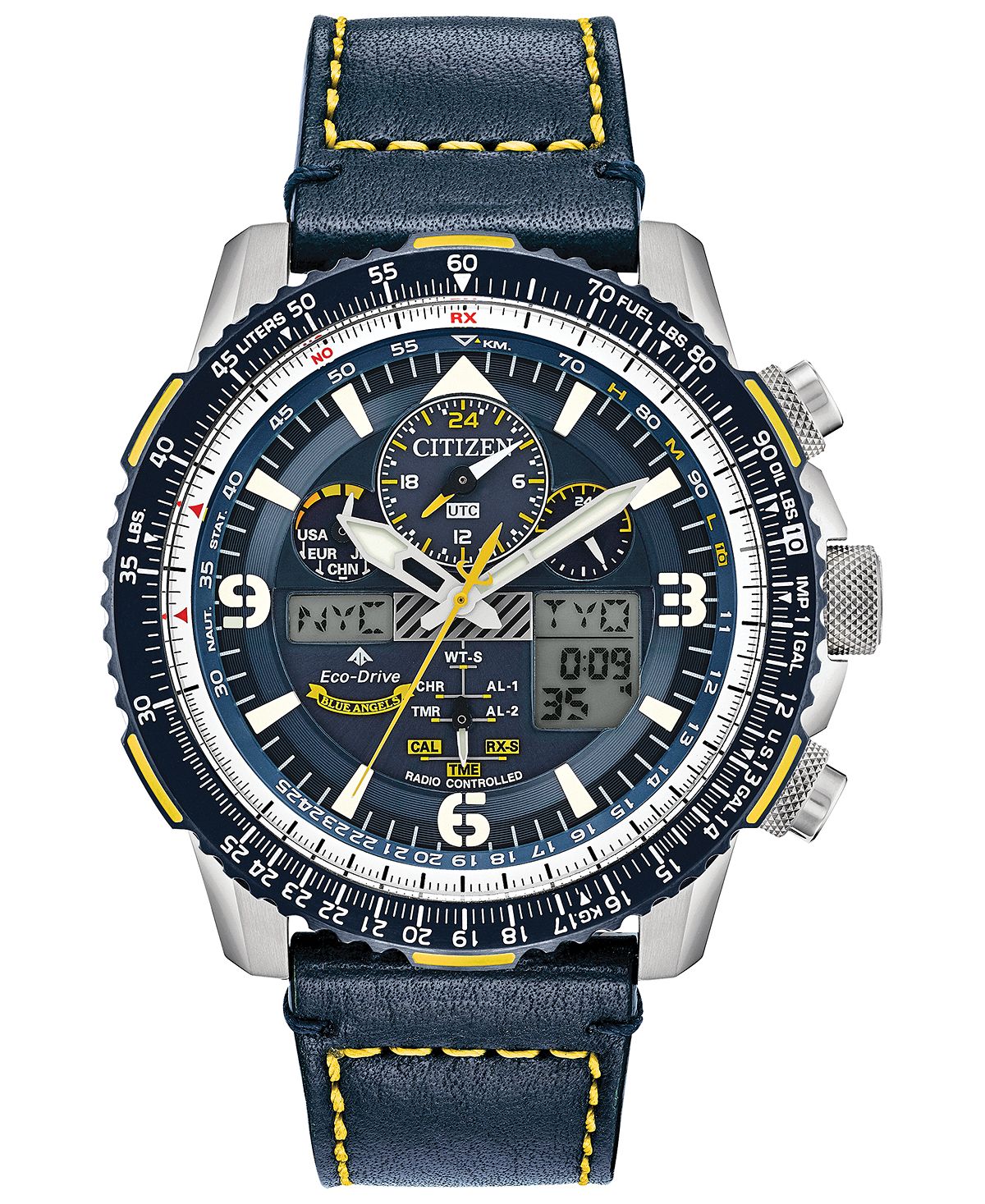 ساعة Promaster Blue Angels Skyhawk AT Eco-Drive للرجال كرونوغراف تناظري رقمي، 46 مم مع حزام جلدي أزرق من Citizen