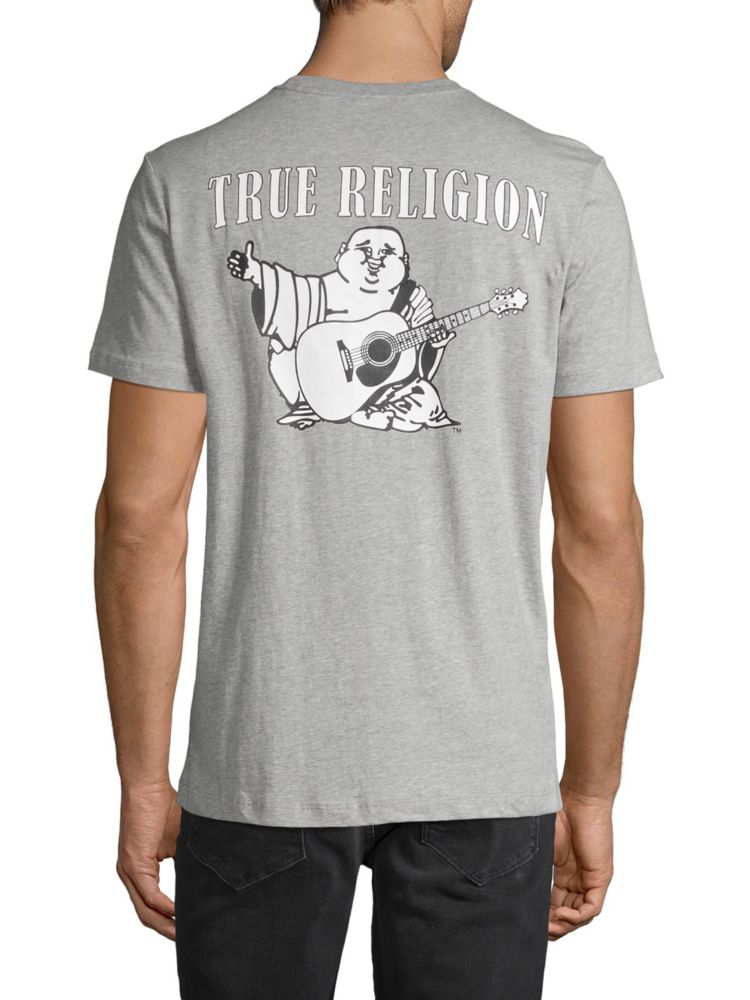 تي شيرت قطني مع رقعة شعار True Religion باللون الرمادي الباهت