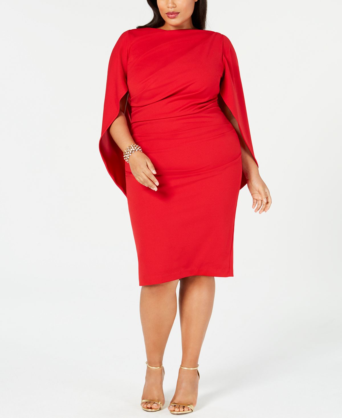 Betsy & Adam Plus Size Pleated Cape Dress, Red