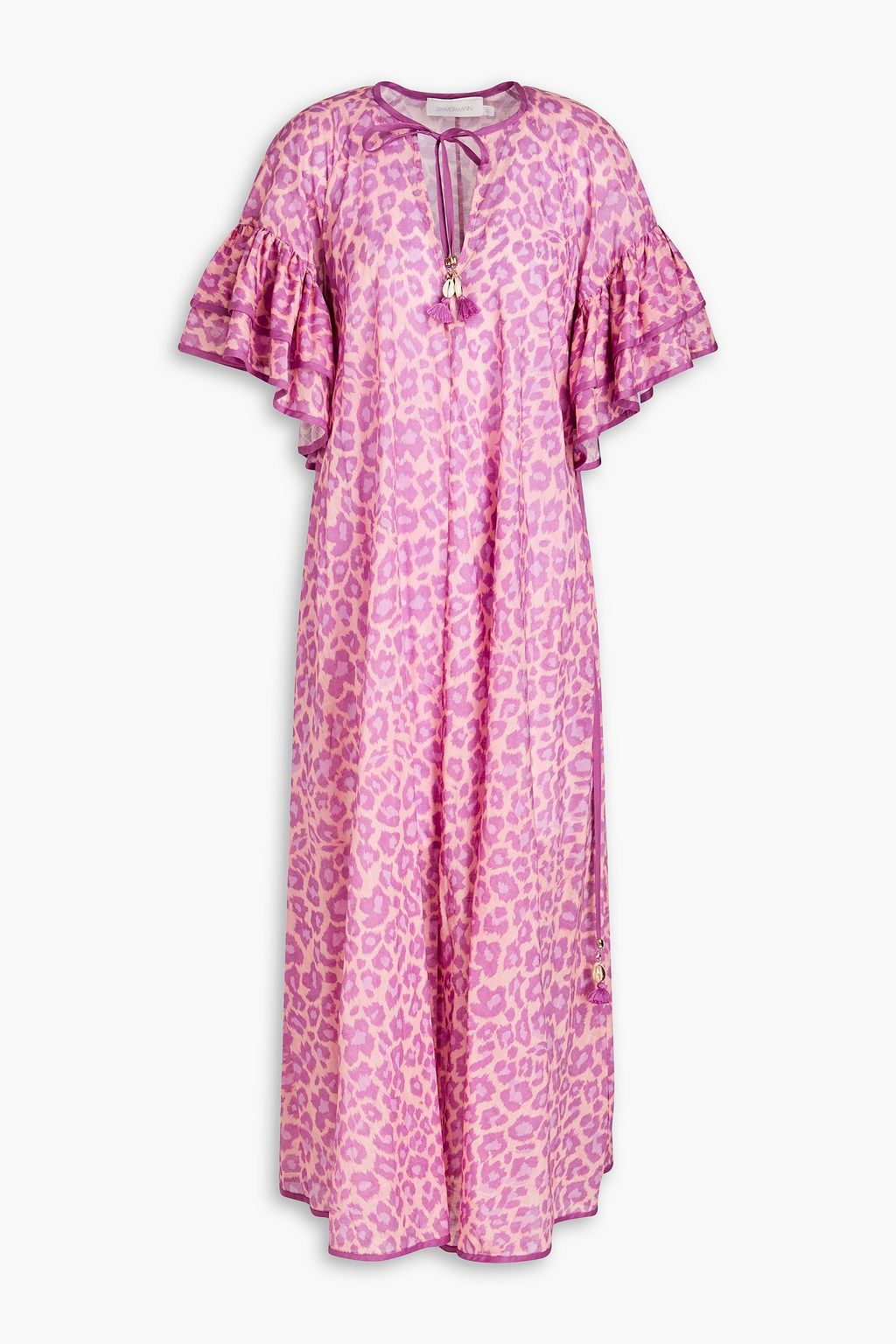 ZIMMERMANN Cotton midi dress with leopard print and ruffles, purple