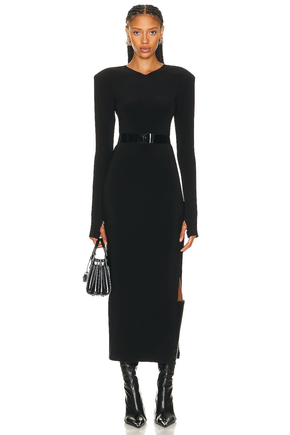 Norma Kamali Dress Long Sleeve Shoulder Pad Side Slit Gown, black