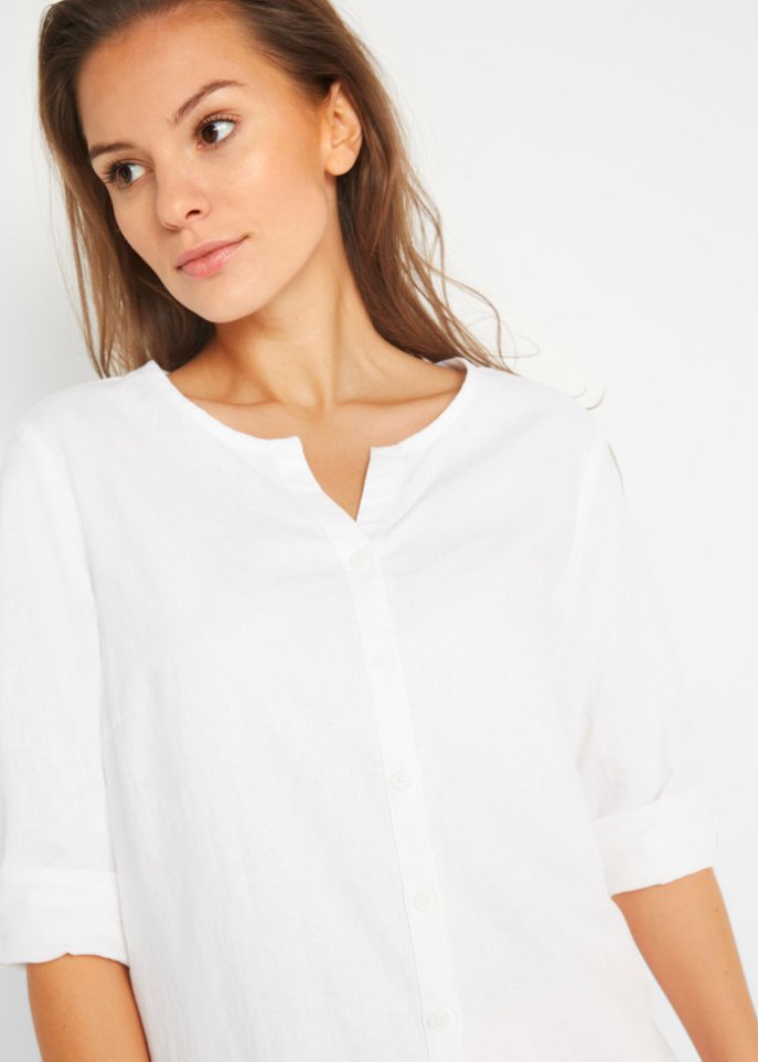 Blouse with linen sleeves 3/4 Bpc Bonprix Collection, white