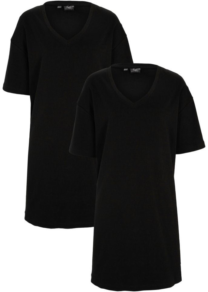 Oversized V-neck T-shirt dress (2 pieces per pack) Bpc Bonprix Collection, black