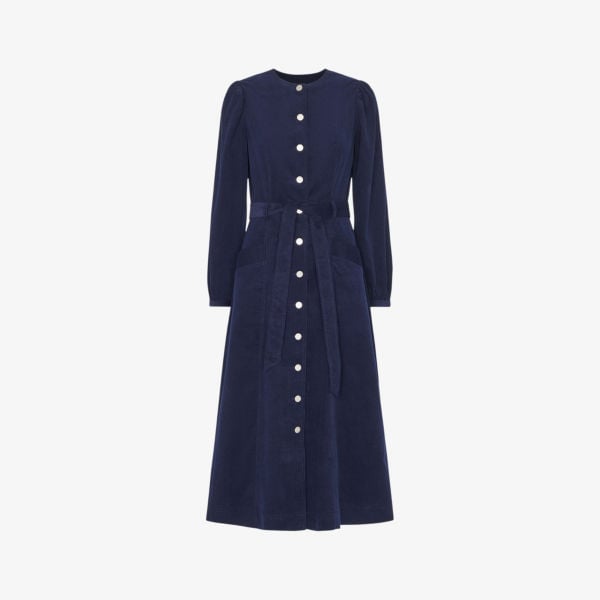 Angelica cotton corduroy midi dress with Whistles belt, navy