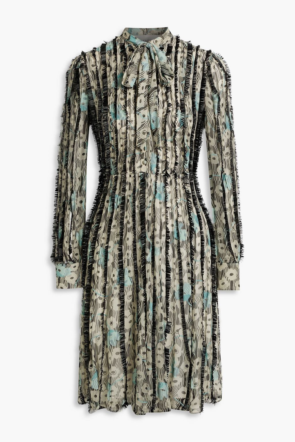 VALENTINO GARAVANI Printed Silk Chiffon Embellished Dress with Pintucks, Green