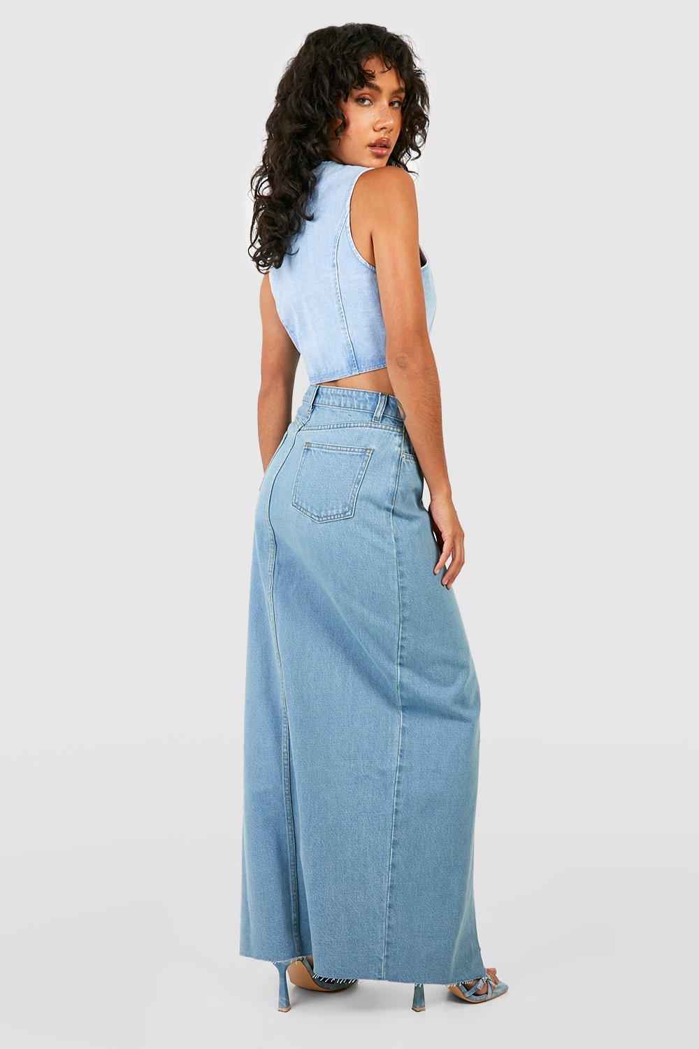 Boohoo High Split Denim Skirt, Blue