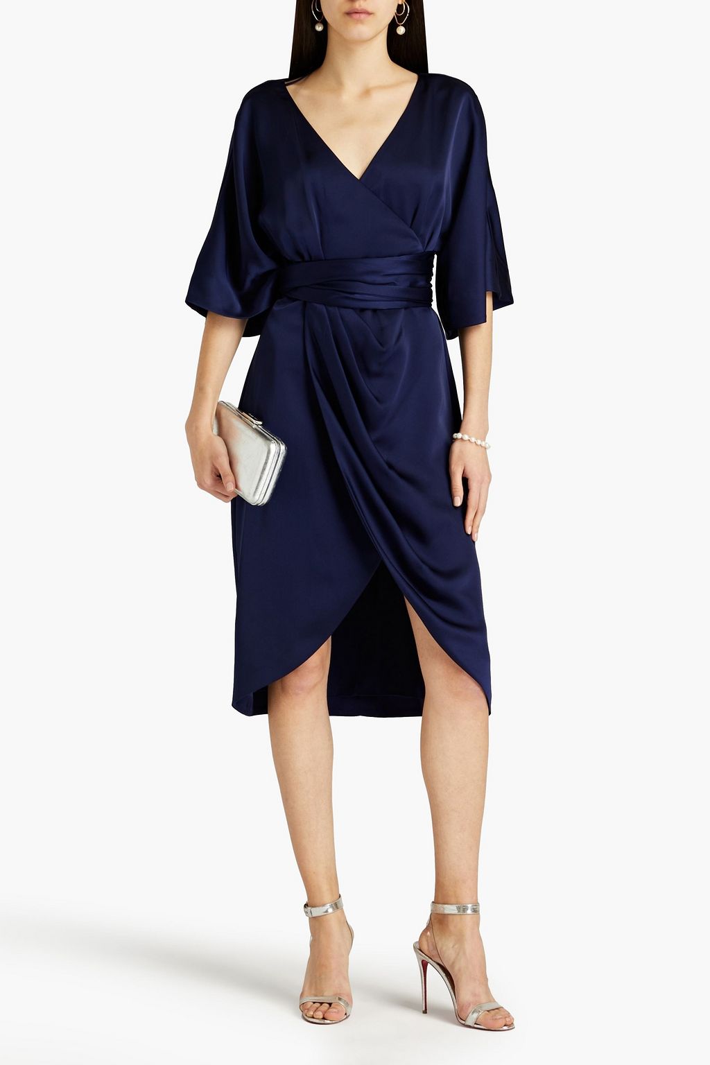 Stretch satin wrap dress with ruching THEIA, indigo