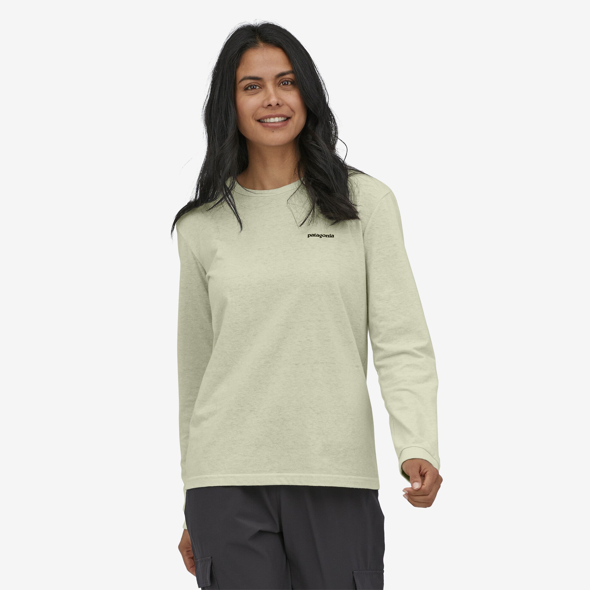 Women's P-6 Long Sleeve T-Shirt with Responsibili Patagonia Logo, White