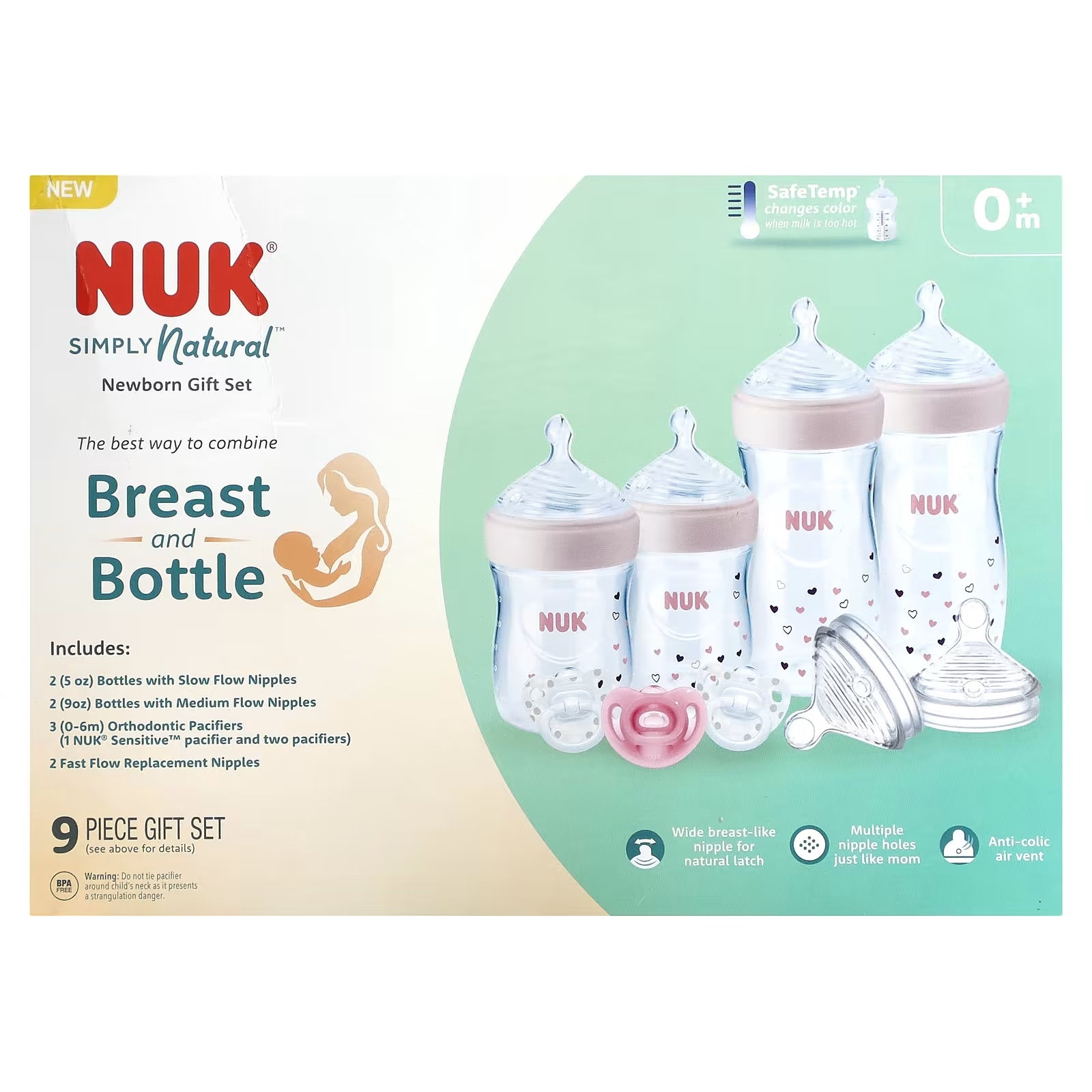 NUK Simply Natural bottle with SafeTemp for newborns from 0 months, 9 pieces