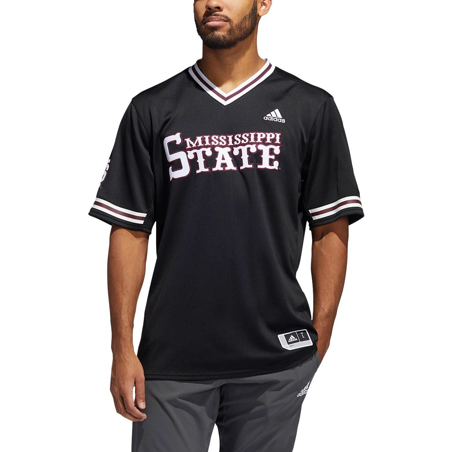 قميص بيسبول رجالي من adidas Mississippi State Bulldogs باللون الأسود برقبة على شكل حرف V