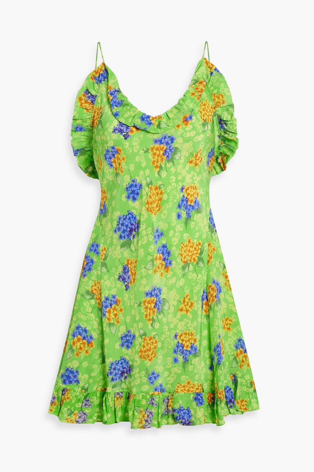 Silk crepe de Chine mini dress with ruffles and floral print LES RÊVERIES green