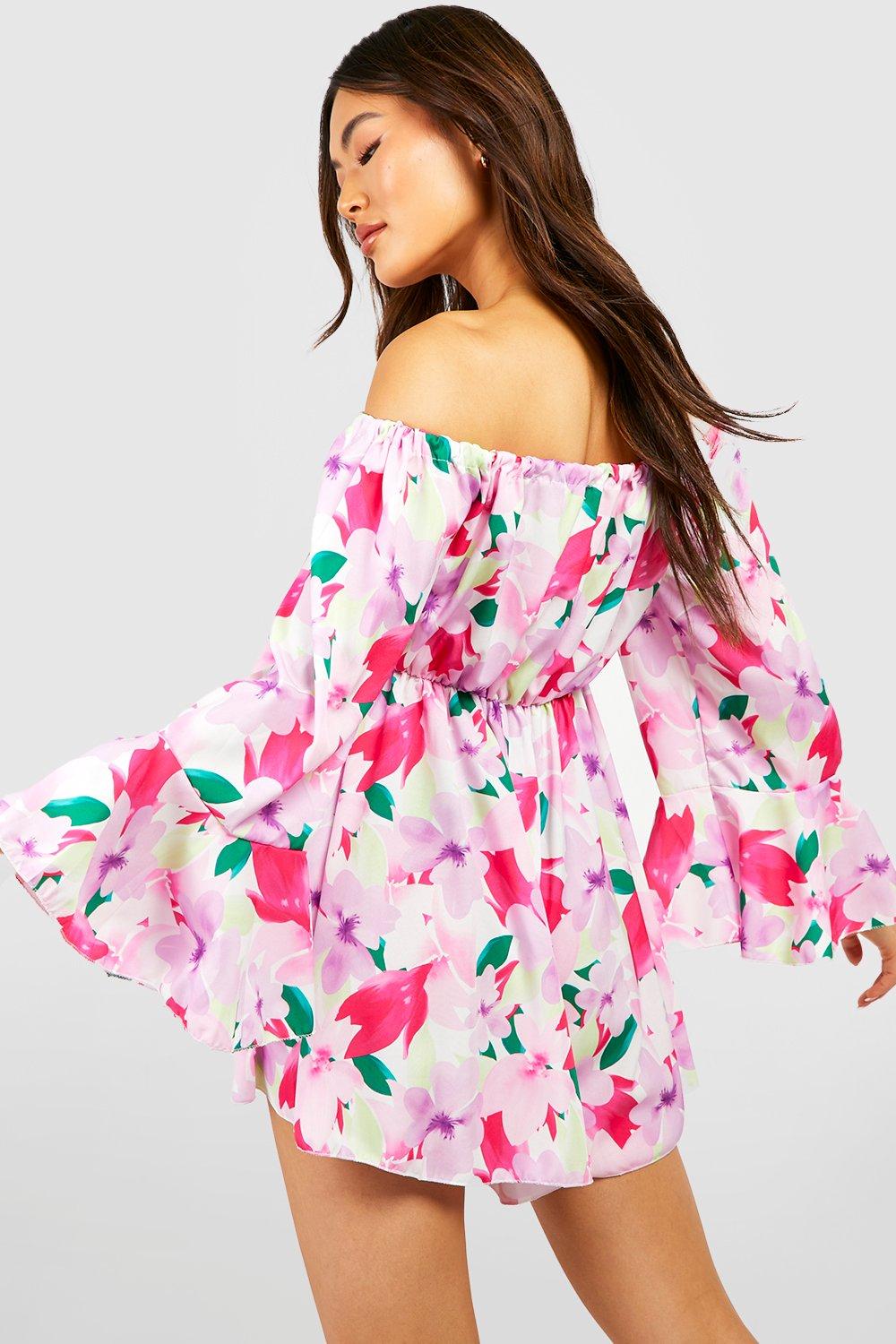 Boohoo Floral Off Shoulder Jumpsuit, White