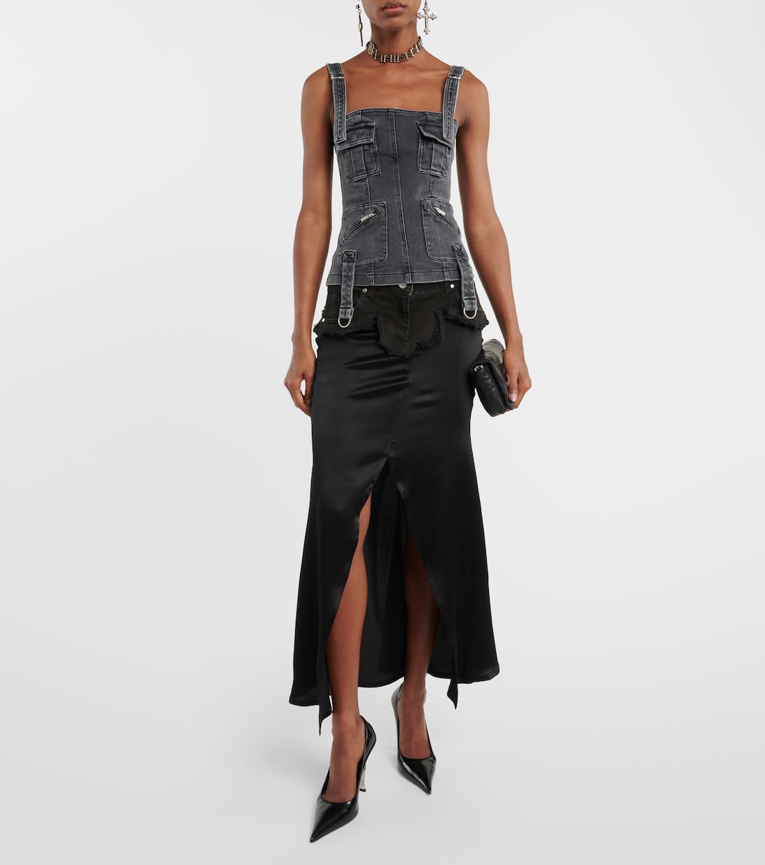 Blumarine Denim Trim Satin Maxi Skirt, Black