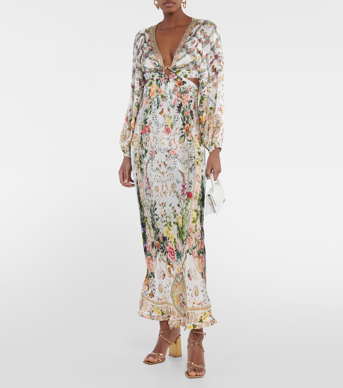 Silk maxi dress with cutouts and Camilla decor, multicolor