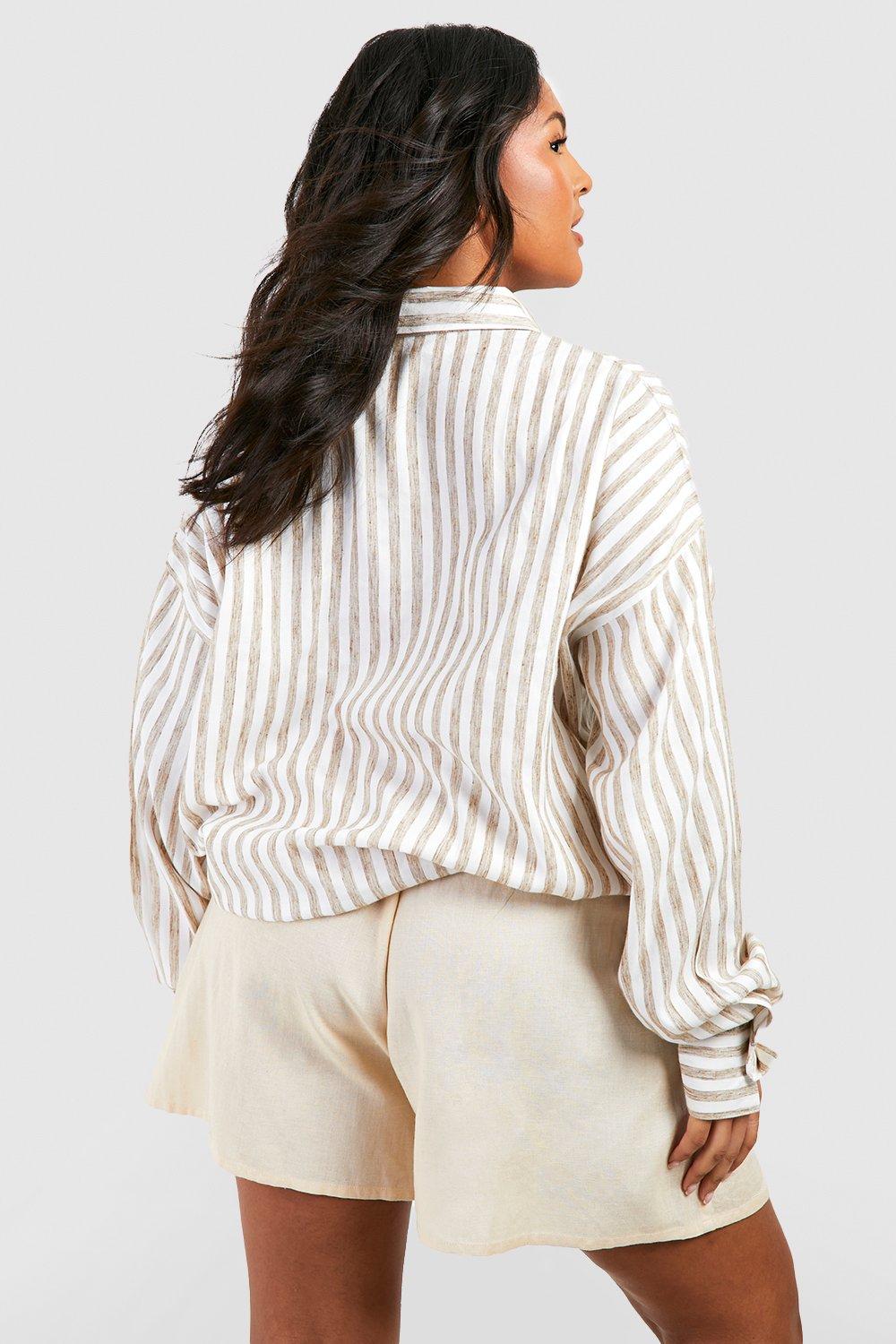 Boohoo Oversized Plus Size Linen Striped Shirt, Gray