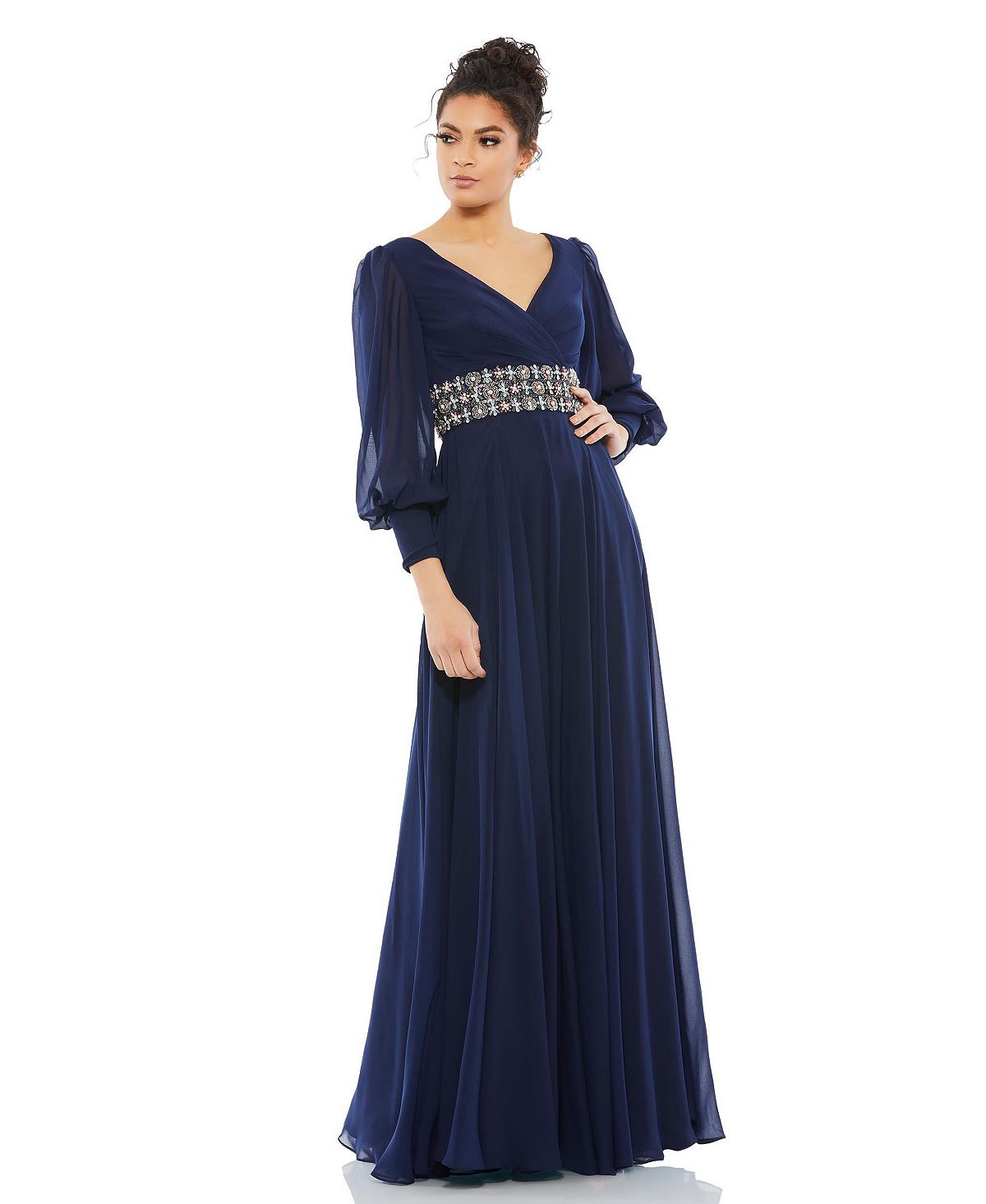 Women's Flowy Bishop Sleeve Wrap Over Belt Dress MAC DUGGAL