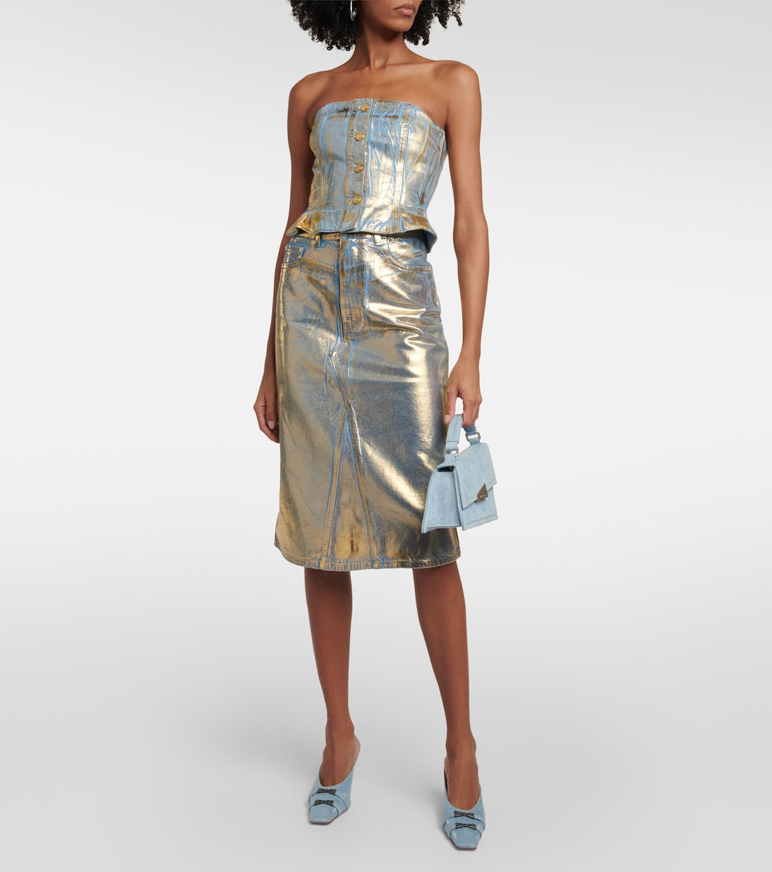 Ganni Gold Foil Midi Denim Skirt, Gold