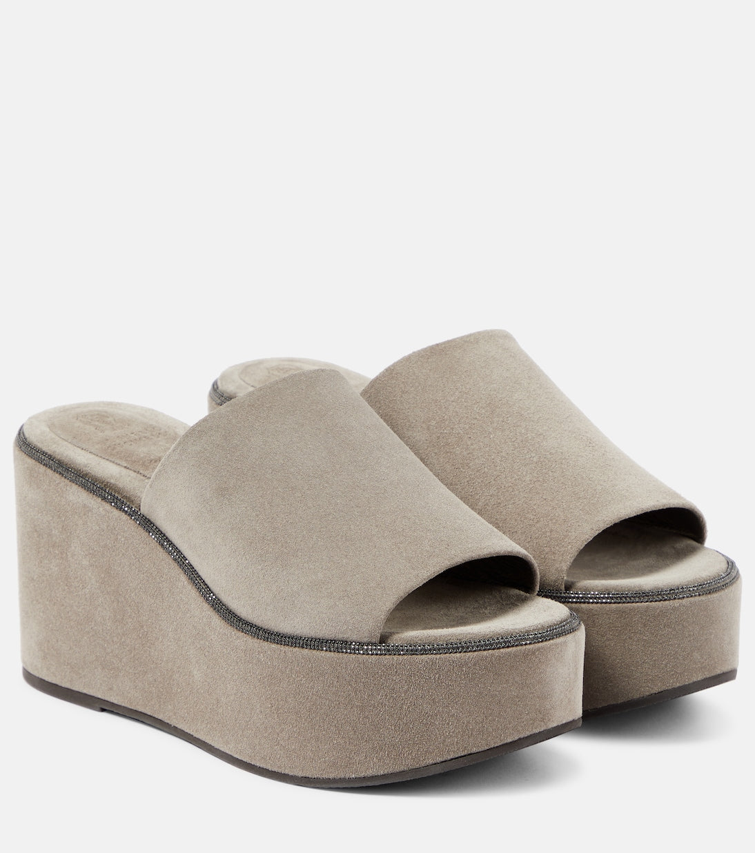 Brunello Cucinelli suede platform slides, gray