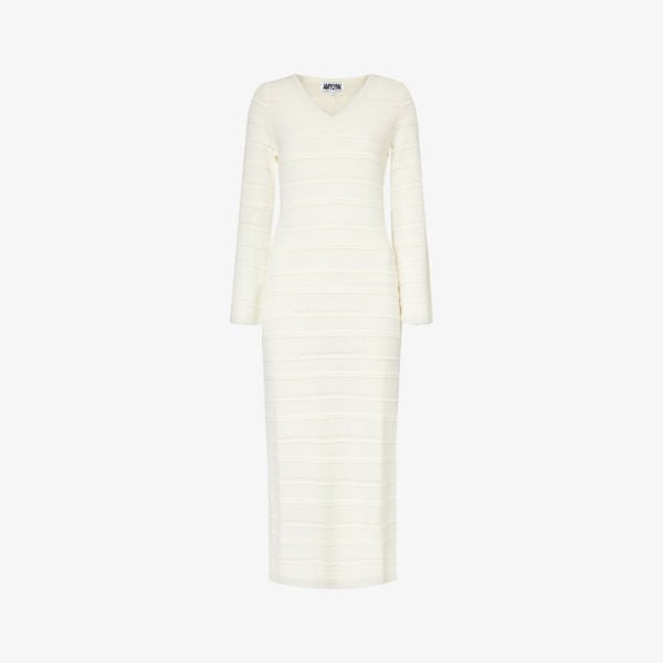 Amy Lynn V-Neck Semi-Sheer Knitted Midi Dress, White