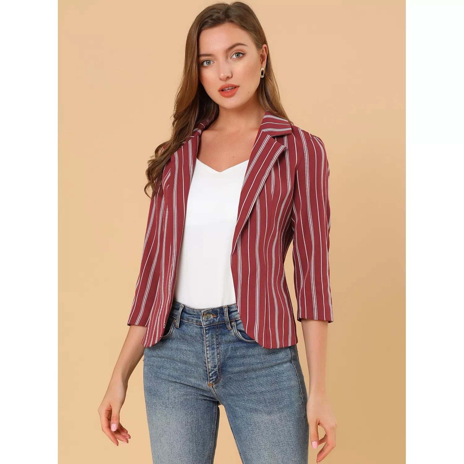 Women's striped jacket with open front and 3/4 sleeves ALLEGRA K, red