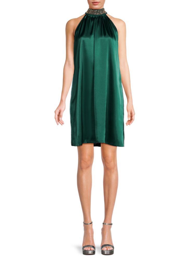 Tash+Sophie Satin Dress with Straps and Beading, Dark Green