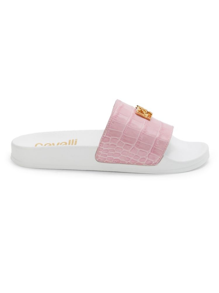 Cavalli Class By Roberto Cavalli Cross Embossed Leather Pool Slides, Pink