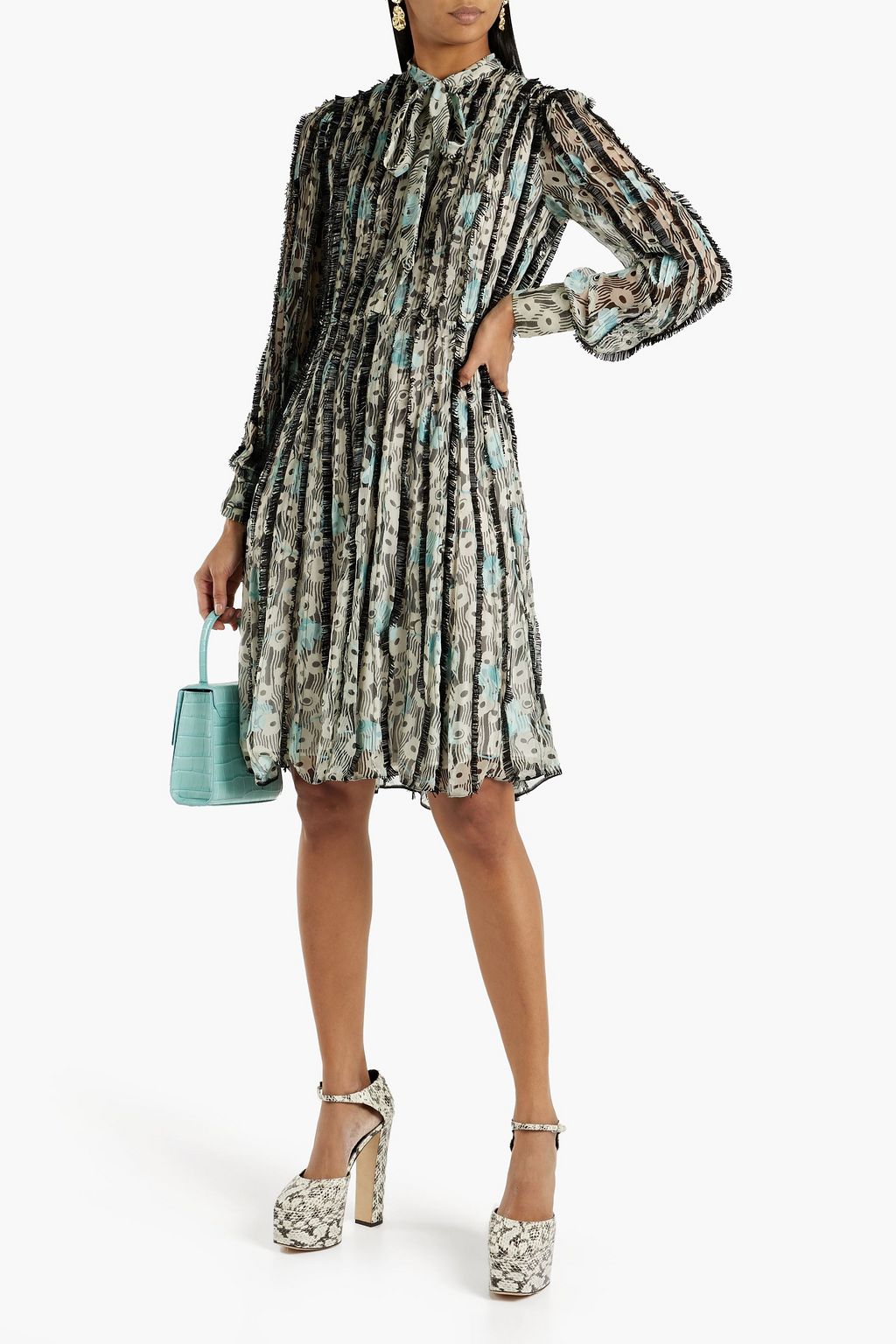 VALENTINO GARAVANI Printed Silk Chiffon Embellished Dress with Pintucks, Green