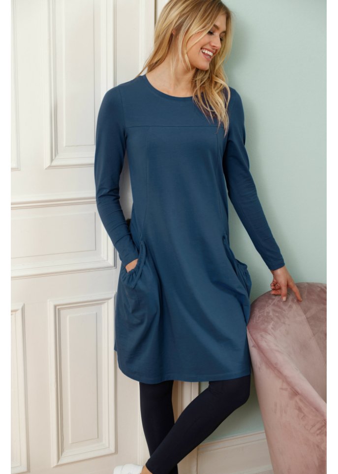 Oversized cotton dress with knee-length pockets Bpc Bonprix Collection, blue