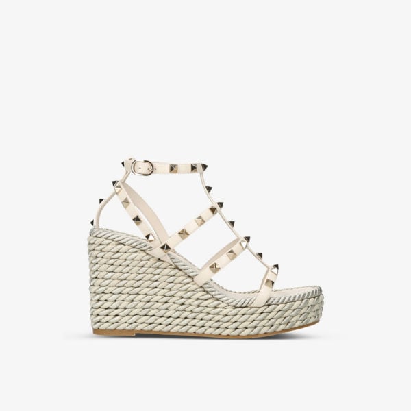 Valentino Garavani Rockstud 95 Braided Leather Heeled Sandals, Beige