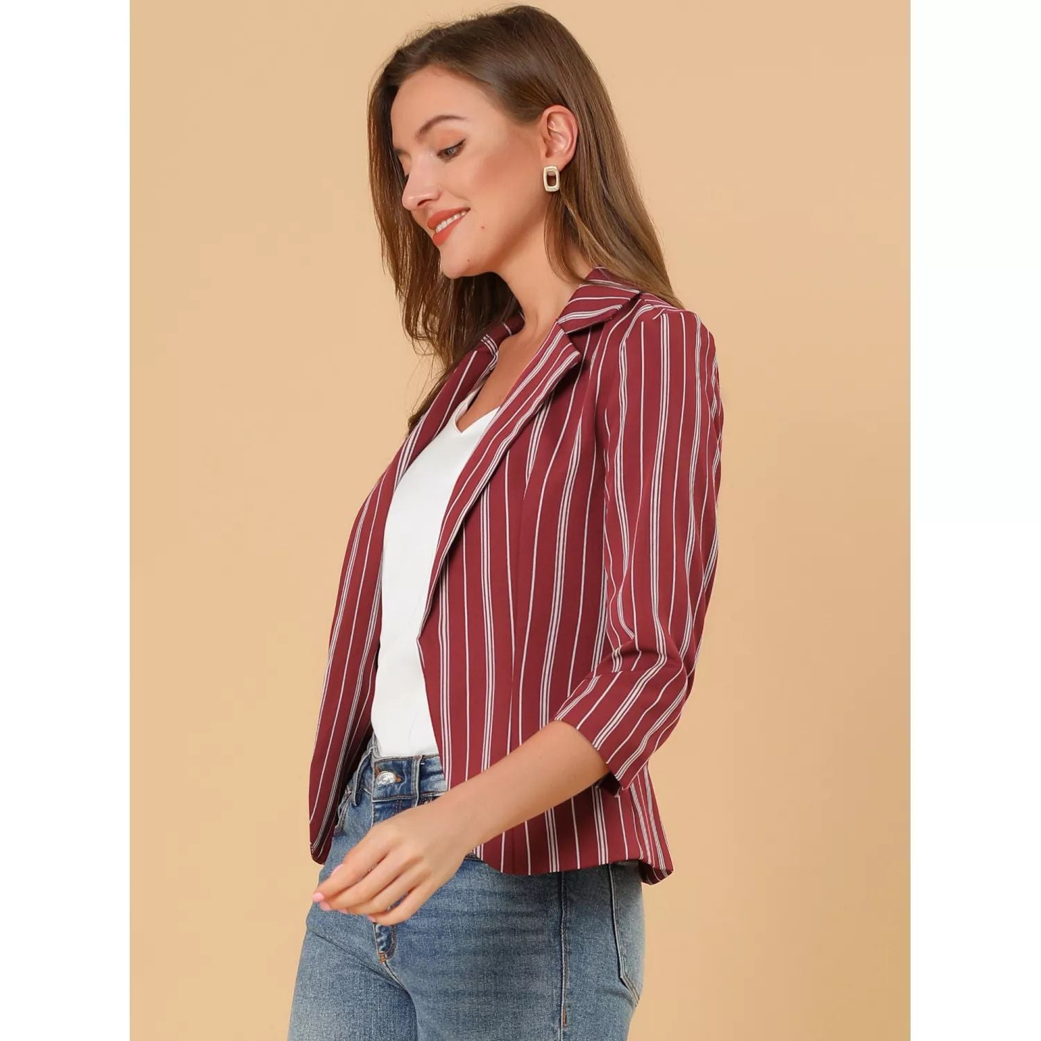 Women's striped jacket with open front and 3/4 sleeves ALLEGRA K, red