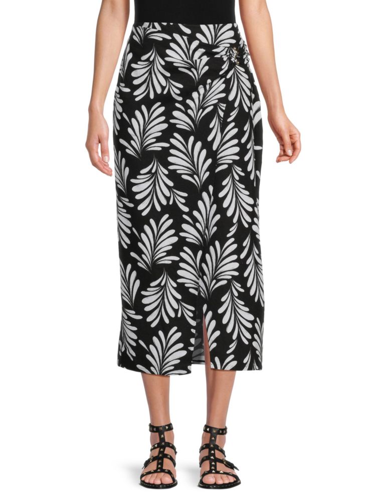 Ellen Tracy Linen Blend Wrap Midi Skirt in Black Leaf