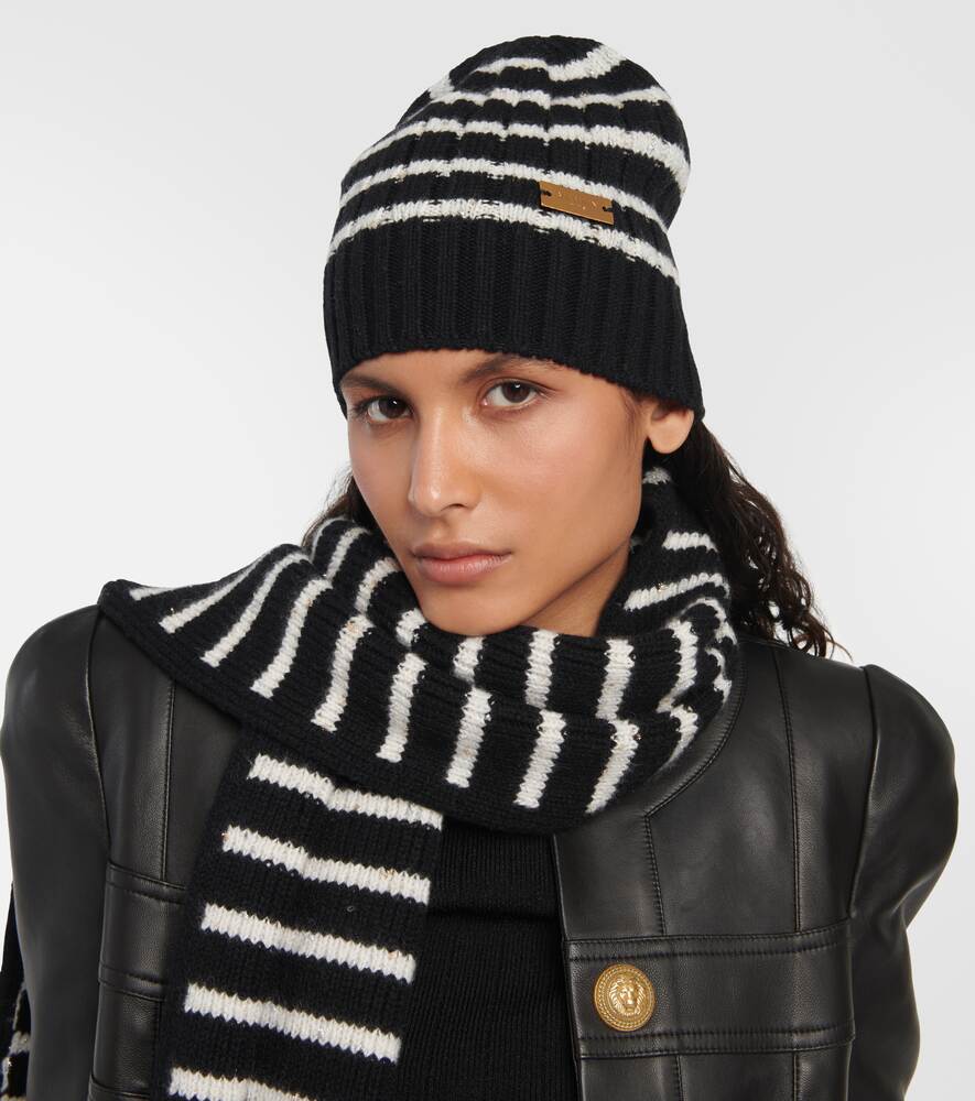 Balmain Striped Cashmere Beanie, Black