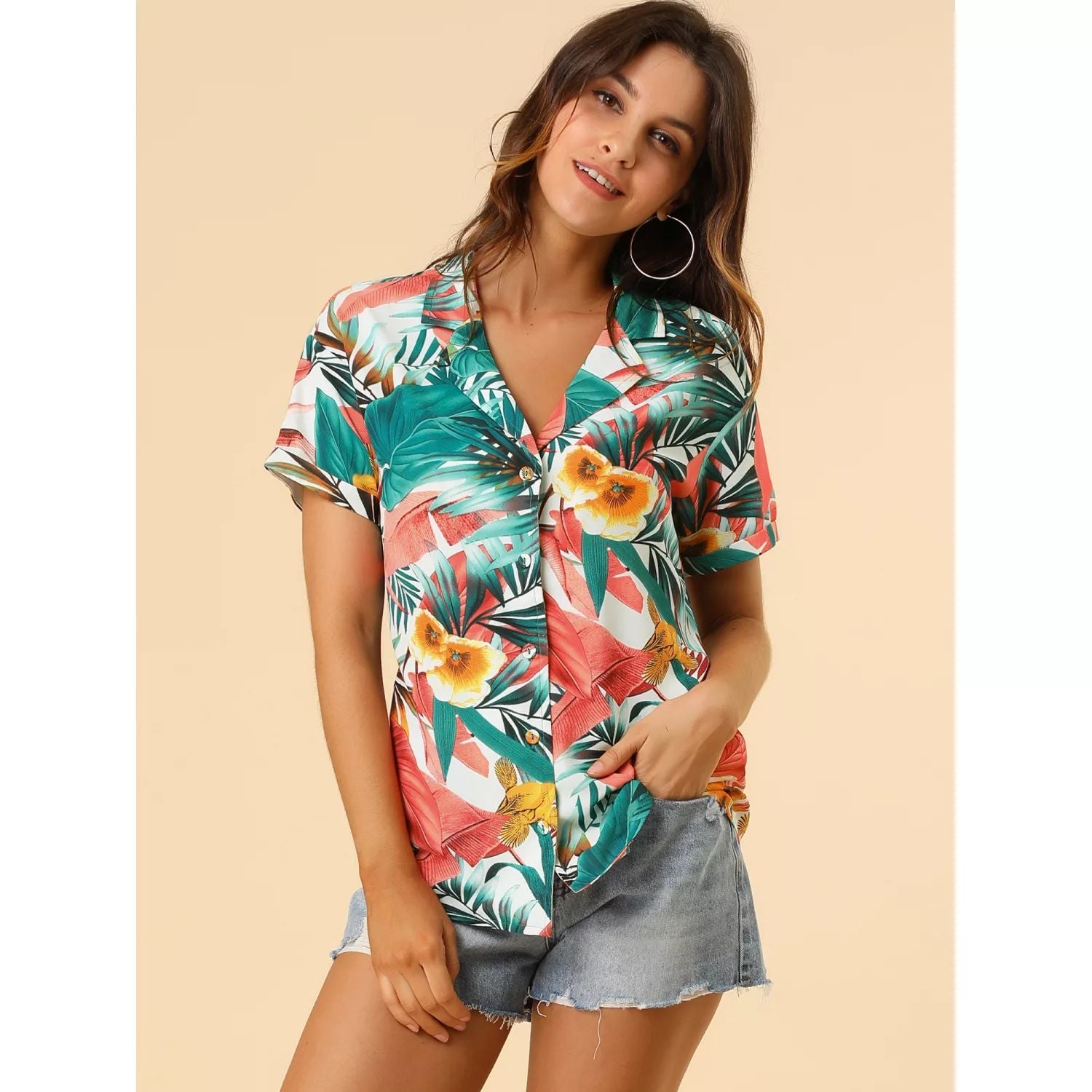 ALLEGRA K Women's Floral Leaf Button Down Hawaiian Beach Shirt