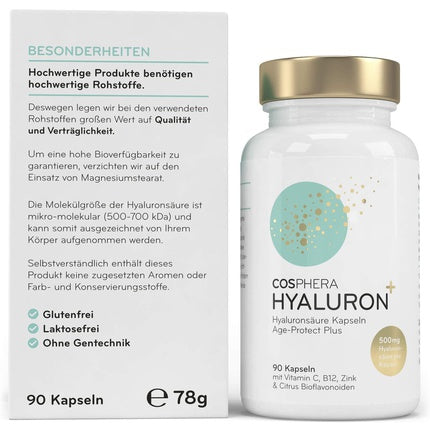 Hyaluronic acid capsules - high dose, 500 mg per capsule. 90 Vegan, Cosphera