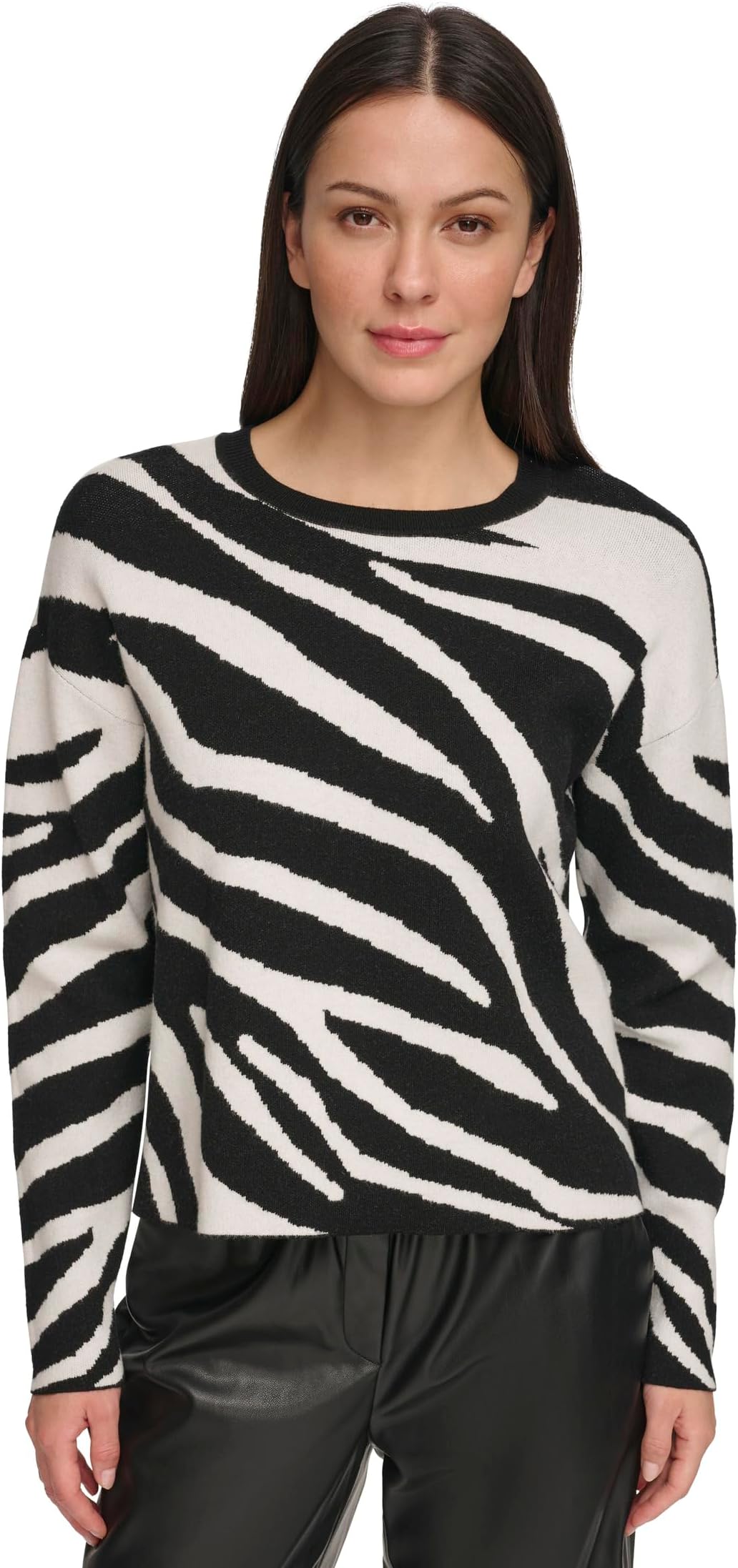 سترة DKNY Zebra Crew Neck بأكمام طويلة، عاجي/أسود