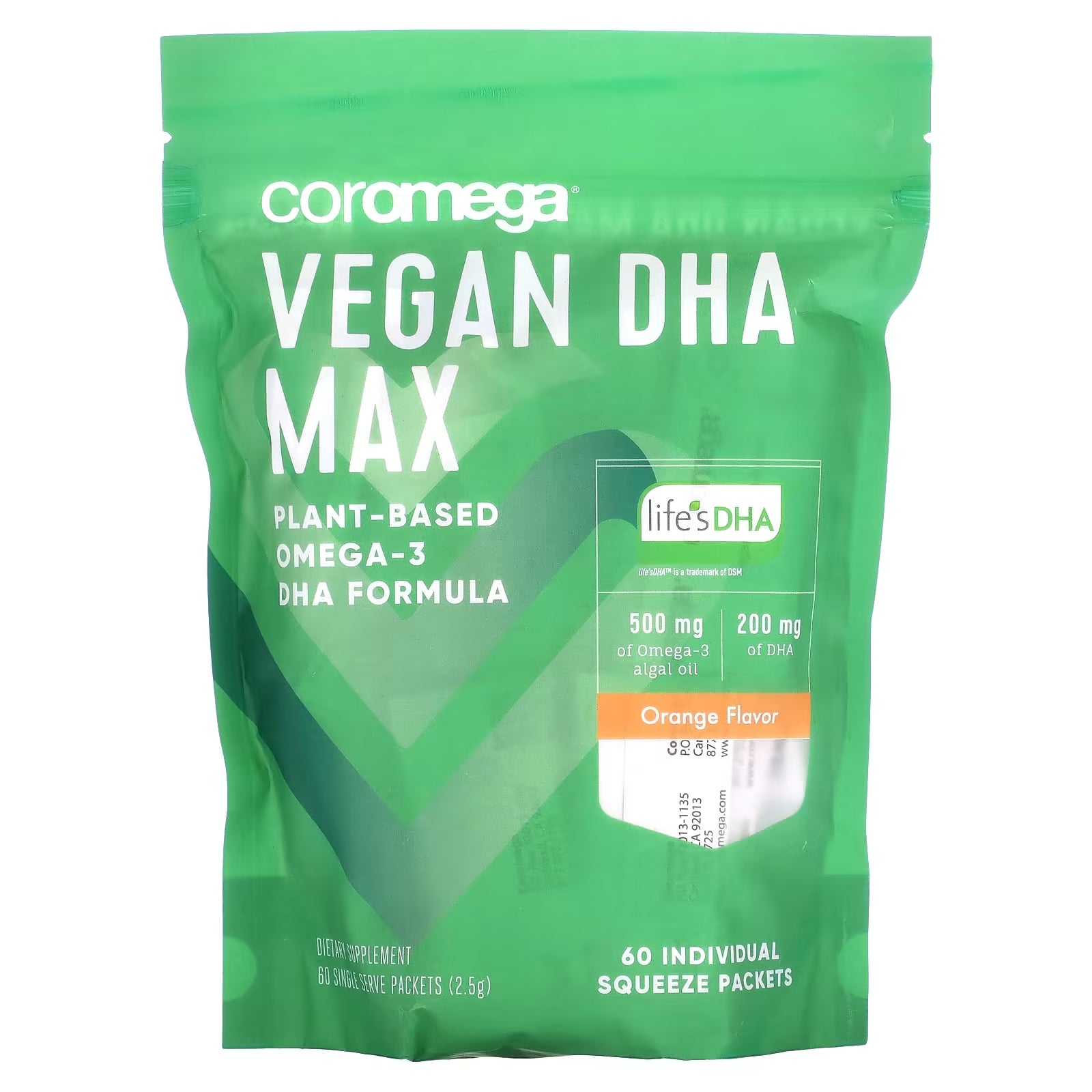 Coromega Vegan DHA Max Dietary Supplement, Orange, 60 individual sachets, 2.5 g each