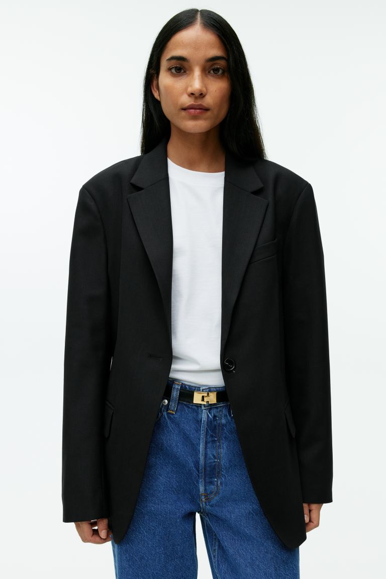 H&M Oversized Cotton Blend Twill Jacket, Black