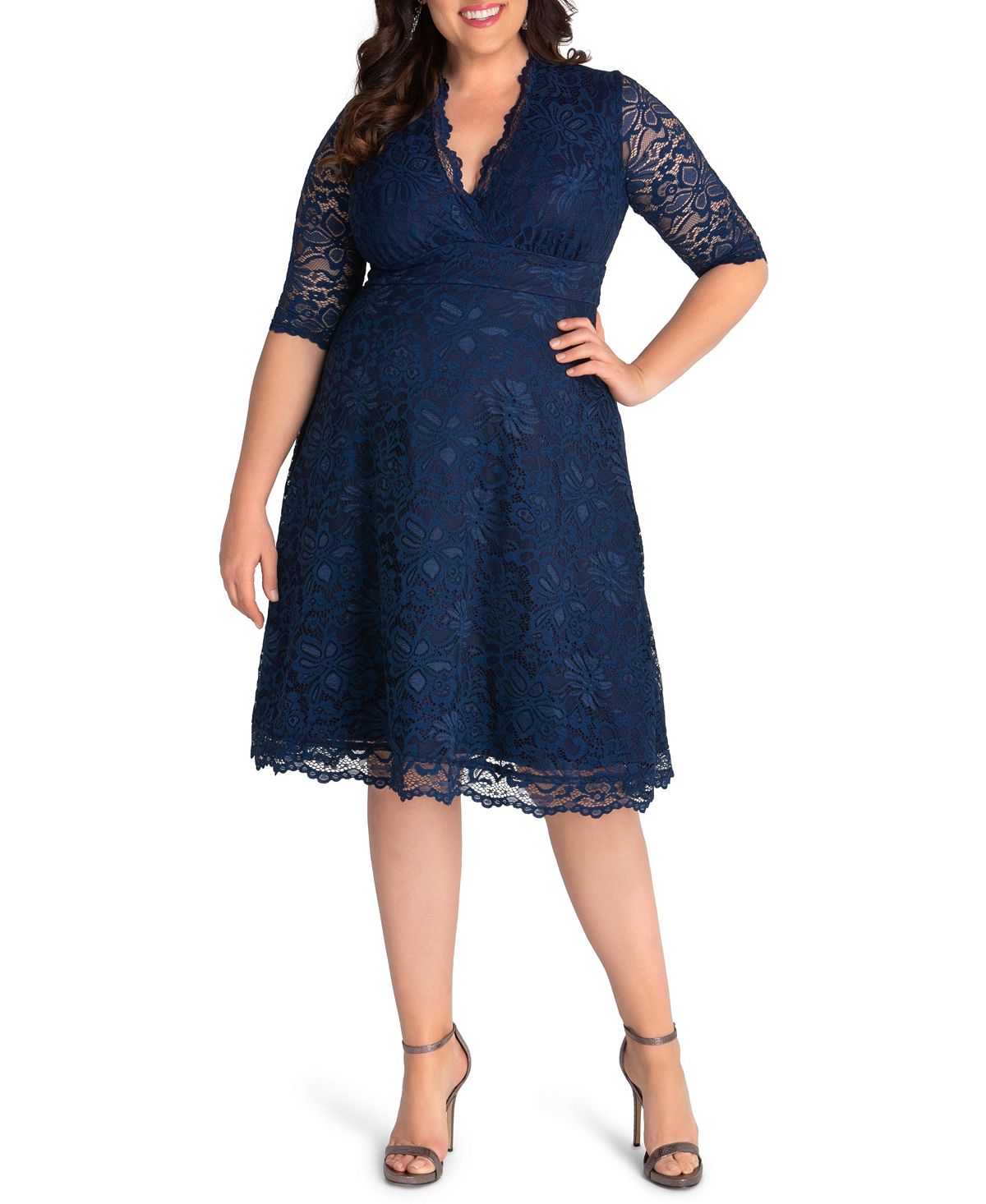 Women's Plus Size Lace Cocktail Dress with Kiyonna Sleeves, Blue