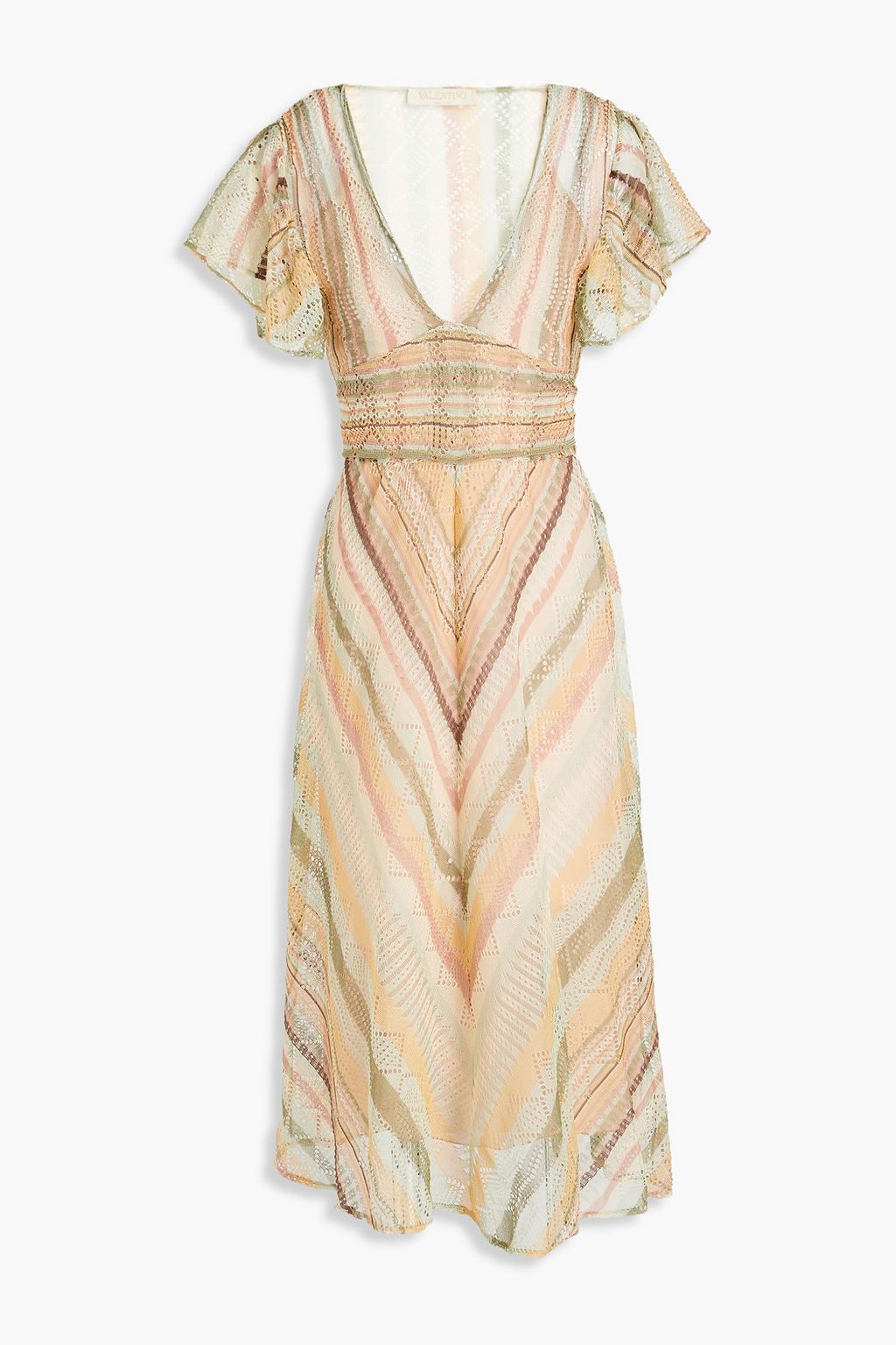 VALENTINO GARAVANI Crochet Striped Silk Tie Back Midi Dress green