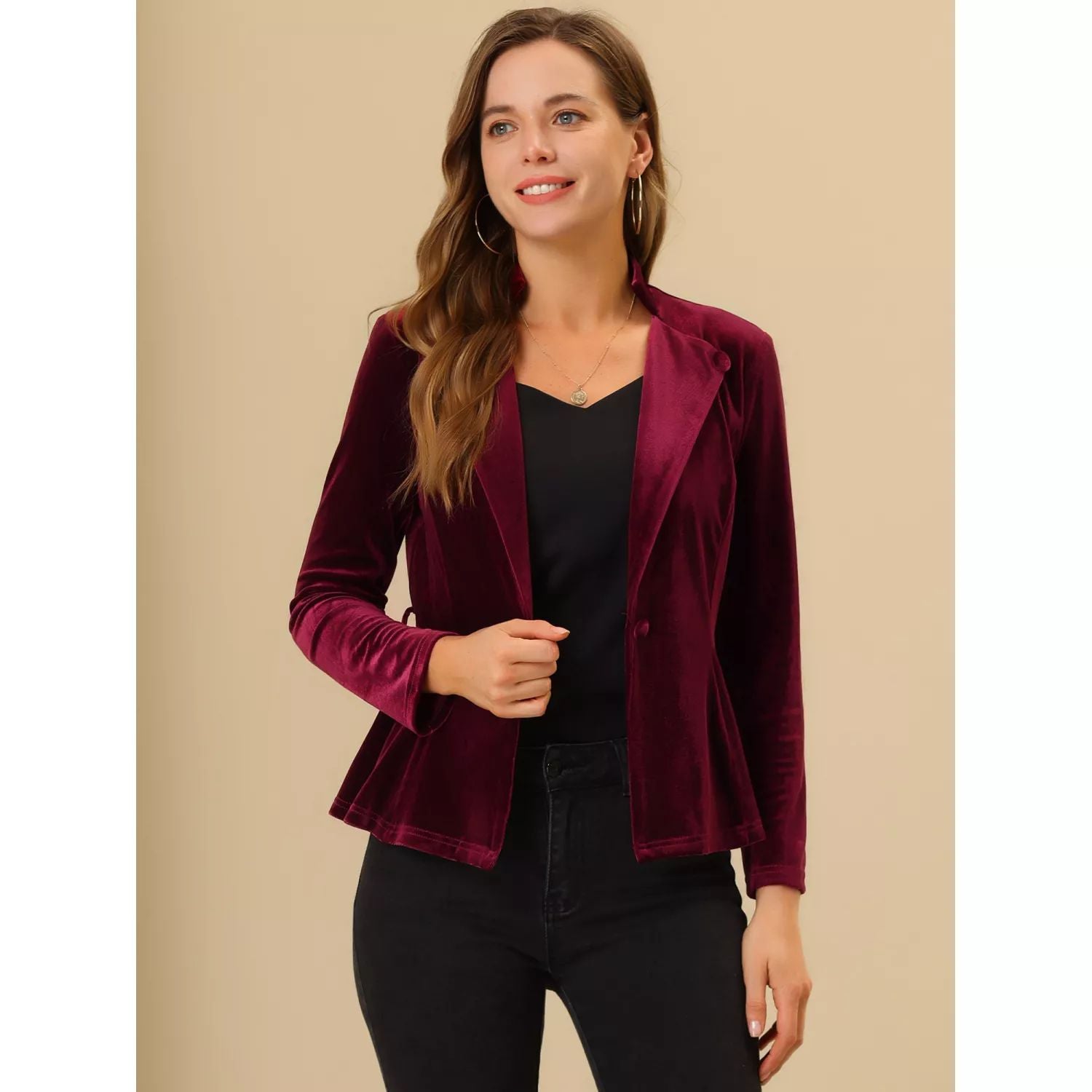 Women's office velvet jacket with belt and notched lapels and long sleeves ALLEGRA K