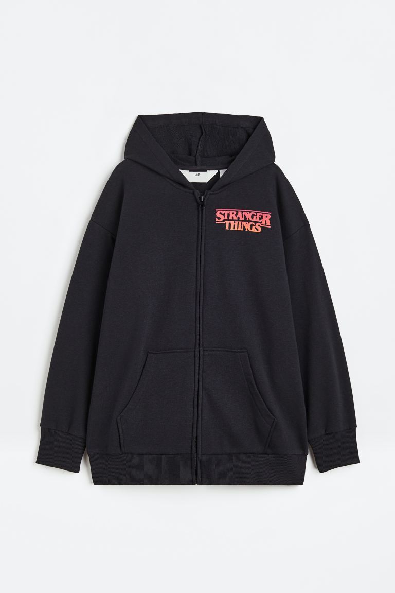 H&M Stranger Things Oversized Printed Zip-through Hoodie, black