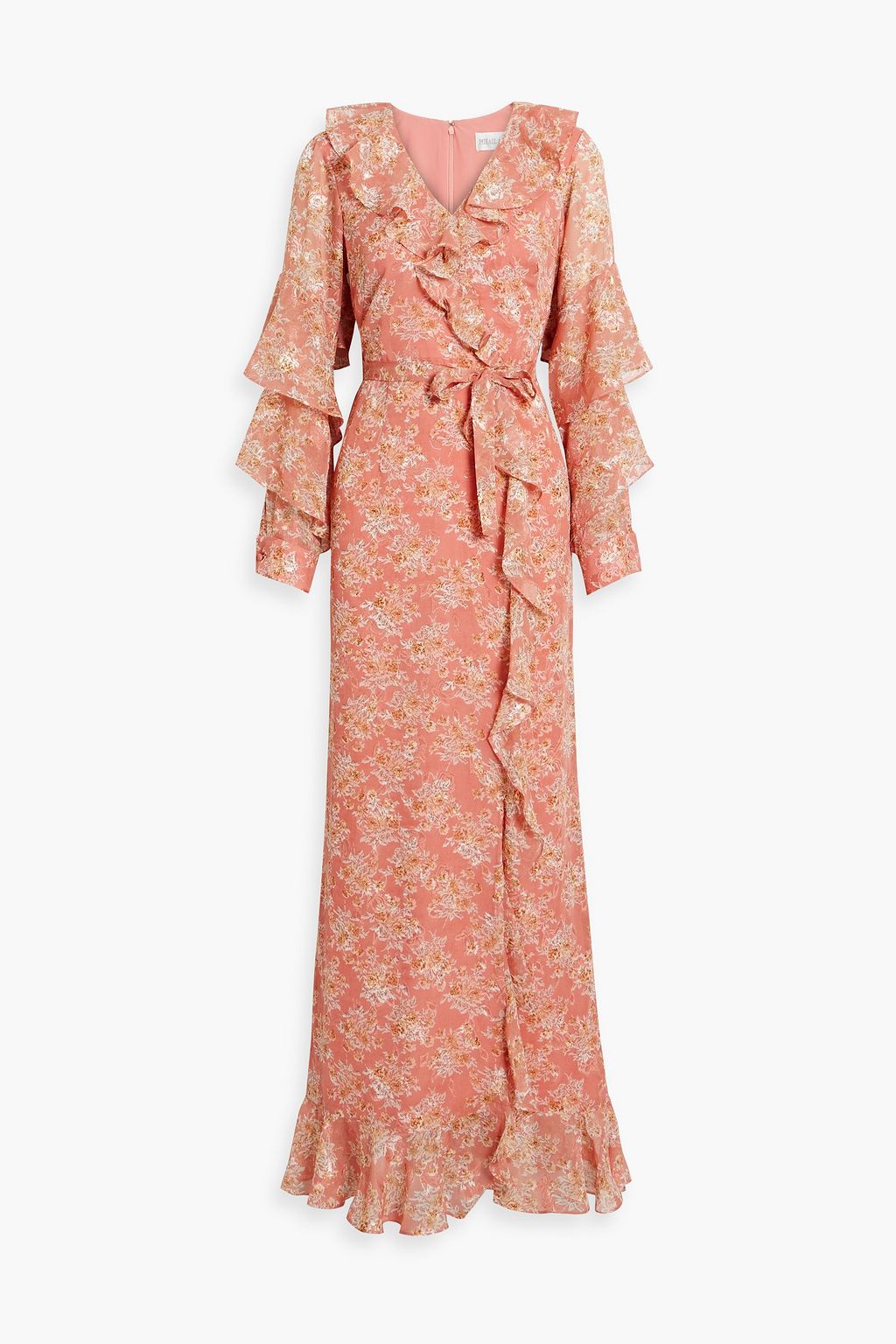 Maxi dress in fil coupe chiffon with floral print and metallic effect MIKAEL AGHAL antique rose