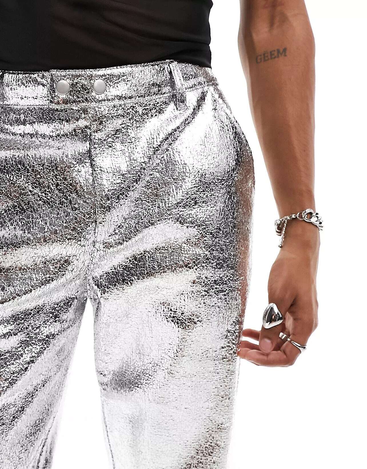 ASOS Faux Leather Co-ord Straight Pants in Metallic Silver