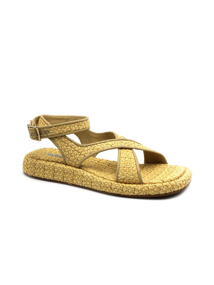 Gia Borghini Woven Raffia Flat Ankle Sandals, Yellow