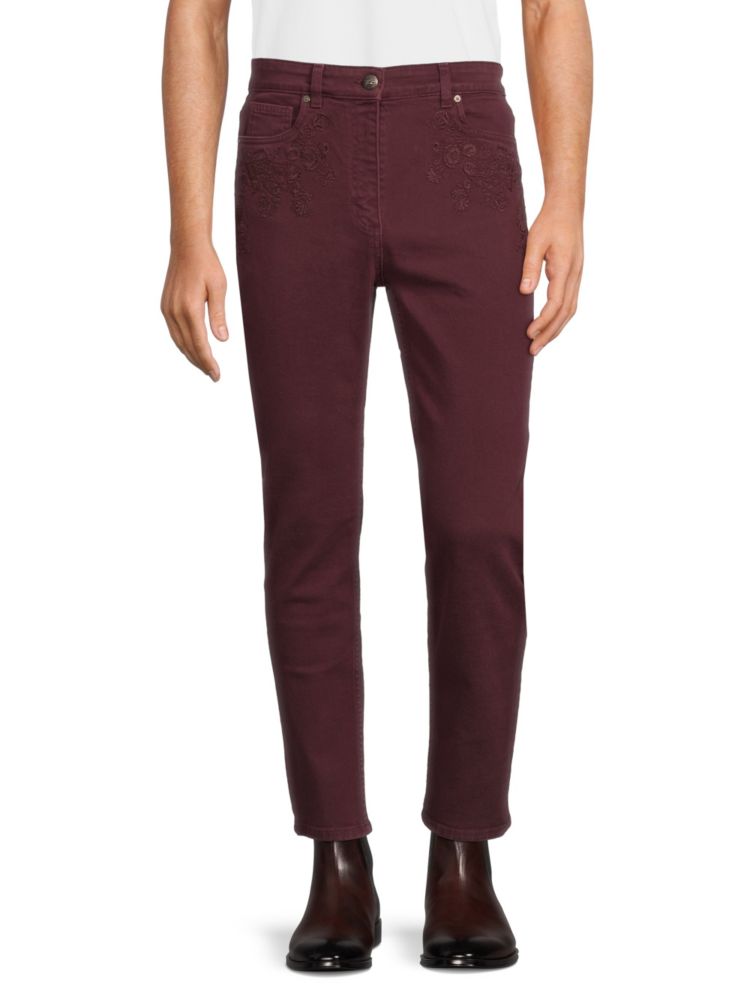 High-waisted jeans with Etro embroidery, burgundy