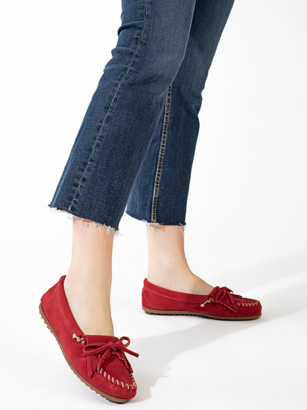 Minnetonka Kilty moccasins, red