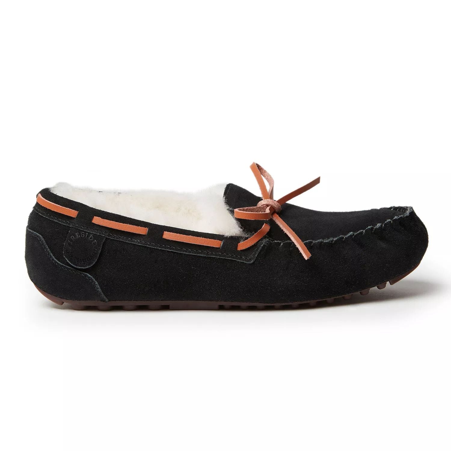 Women's Fireside by Dearfoams Victoria genuine sheepskin moccasins with Dearfoams lace, black