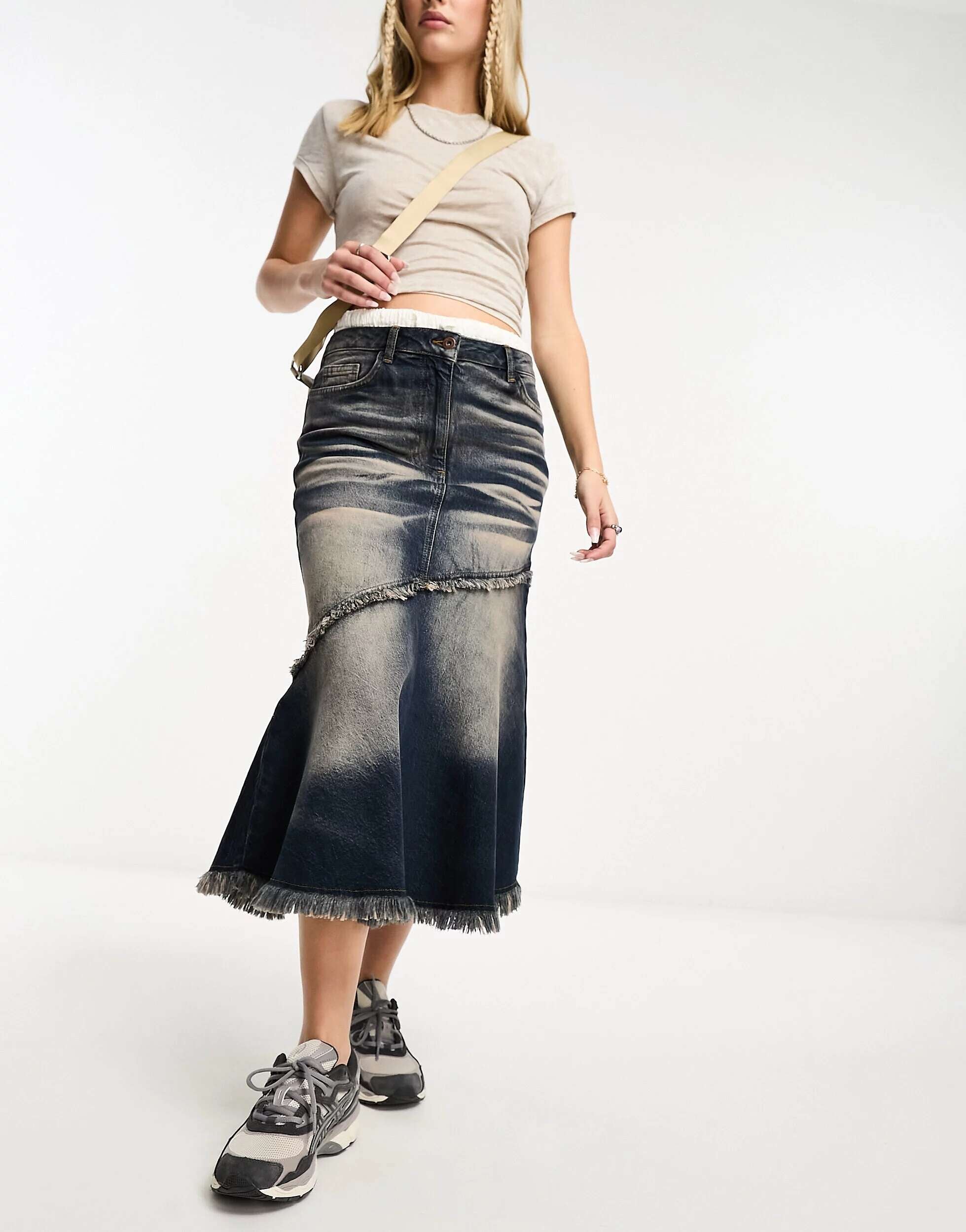 COLLUSION denim fishtail midi skirt with seam and pink shimmer