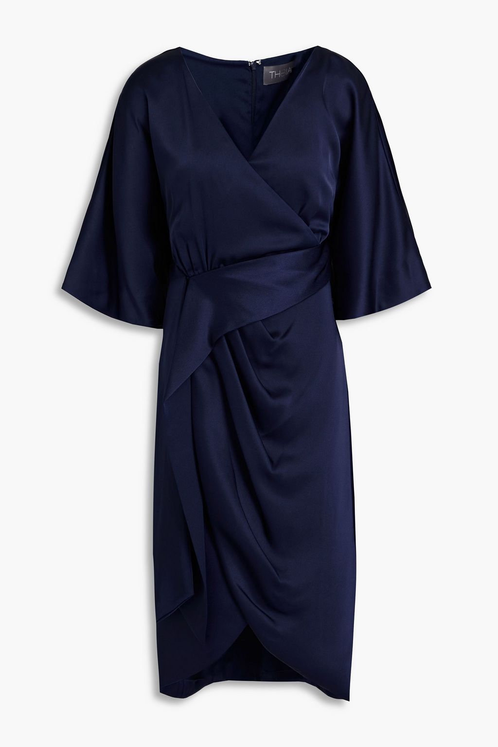 Stretch satin wrap dress with ruching THEIA, indigo